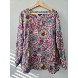 Talbots Woman 20W Boho Paisley Medallion Print Cotton Button Down Blouse Artsy